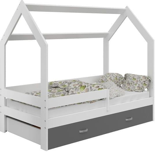 eoshop Detská posteľ Domček 80x160 cm D3, rošt ZADARMO - biela, zábrana: biela, úlož. jednoducho: sivá, matracu: s matrac